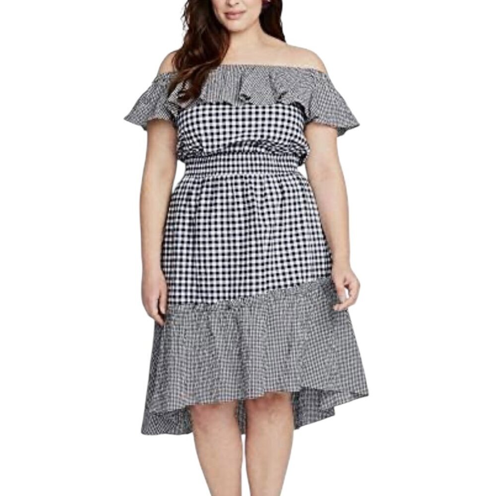 Rachel Roy Gingham Off-Shoulder Ruffle Midi Dress 0X Black White